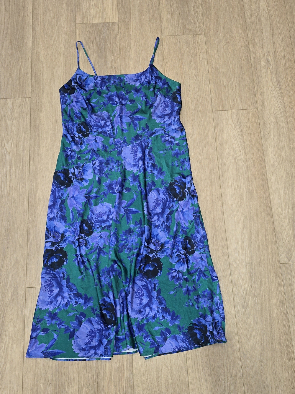 Connected Apparel Emerald Green & Blue Floral Square Neck Midi Dress NWT